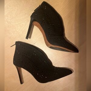Donald J. Plainer black suede studded ankle bootie heels